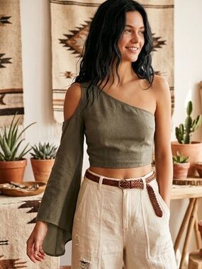 Asymmetric One-Shoulder Crop Top in Olive